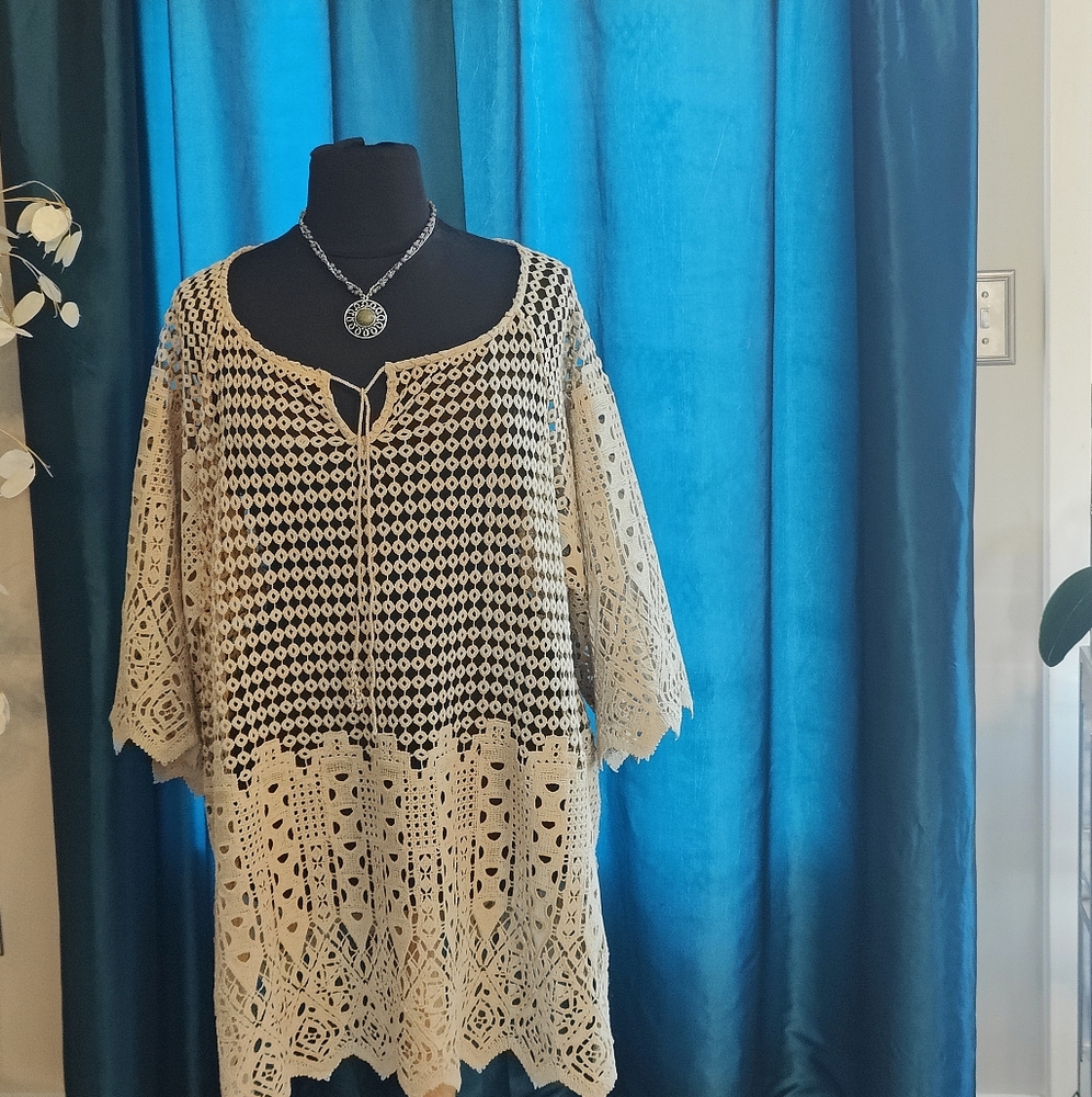 Macrame Lace Top Beige Plus Size 3x